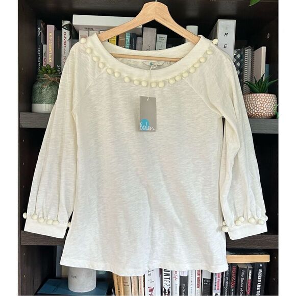 NWT Boden Rosemary Pom Pom Jersey Top In Ivory Size US 2 - Picture 1 of 9